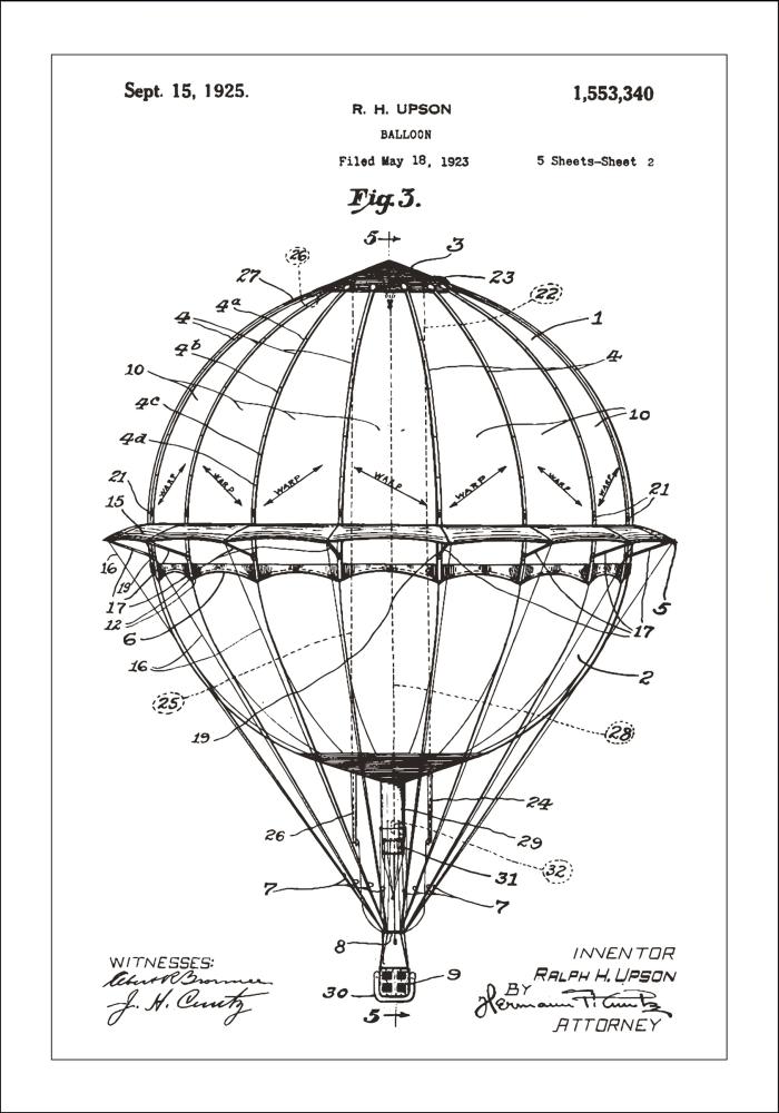 Risba patenta - Balon na vroč zrak - Bela Poster