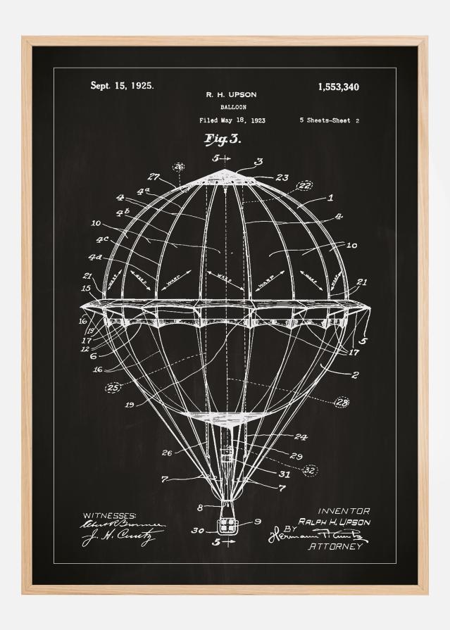 Risba patenta - Balon na vroč zrak - Črna Poster