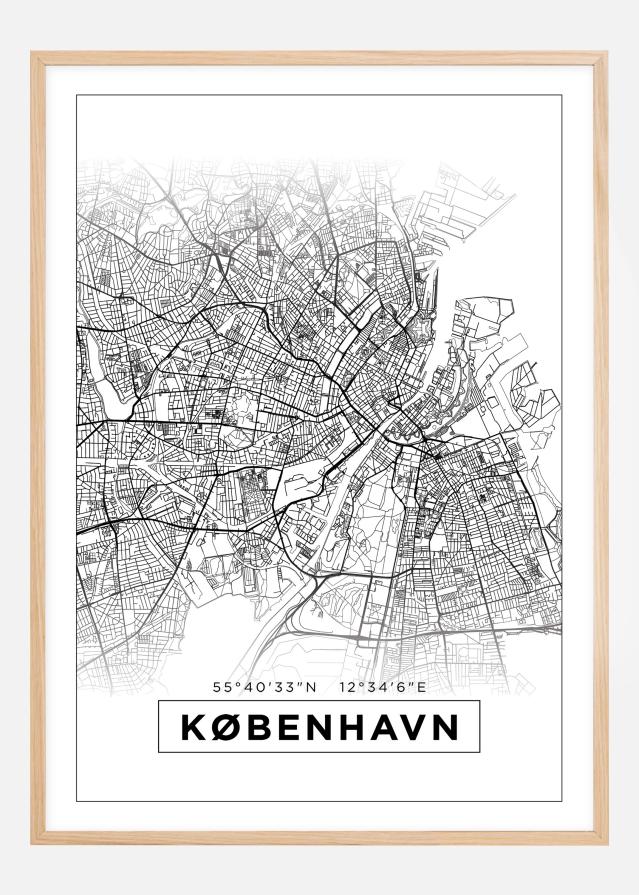 Zemljevid - København - Bela Poster